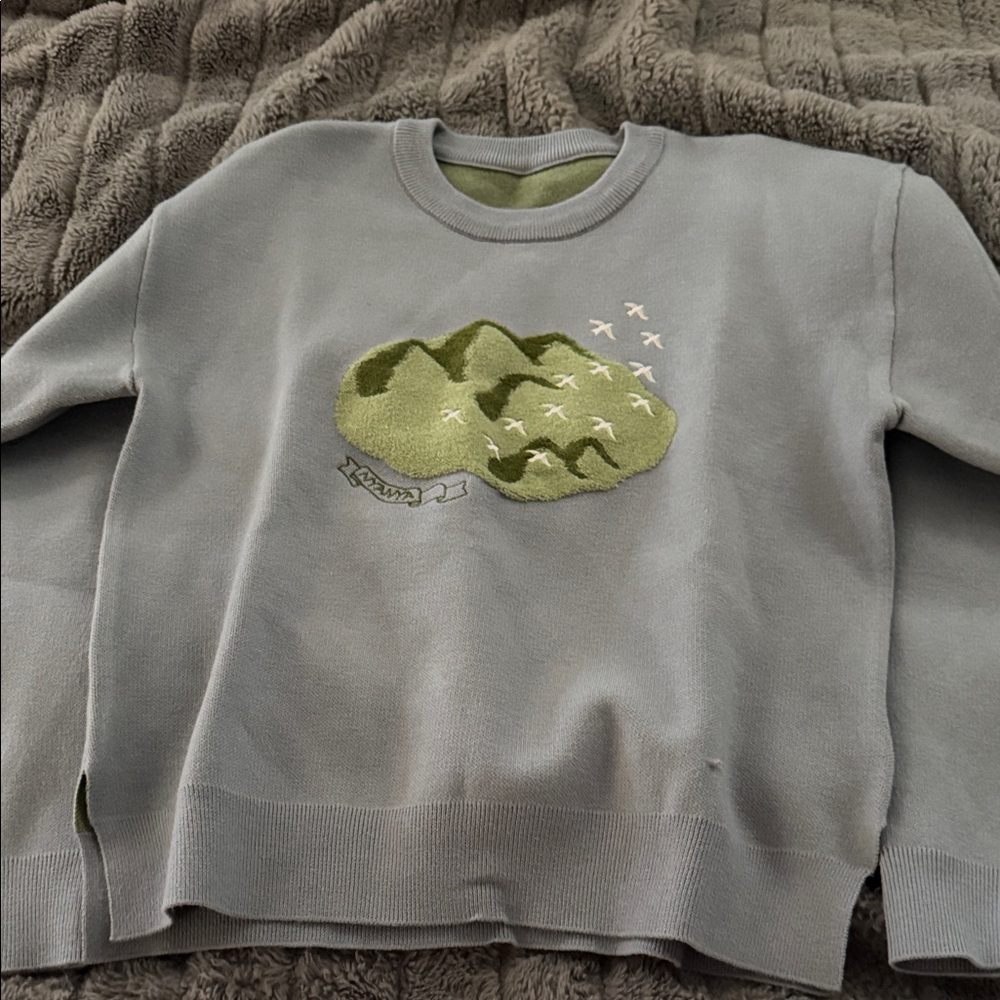 Gray Sweater with Green Mountain Design
